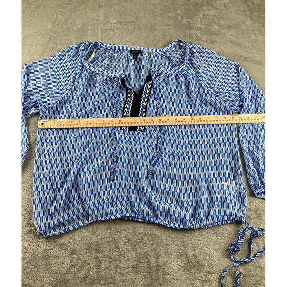 Jessica Simpson Blue White Geometric Print Tie Neck Long Sleeve Blouse 2X - Picture 7 of 12